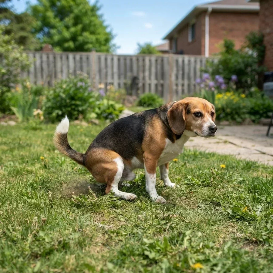 beagle with worms scooting in garden
