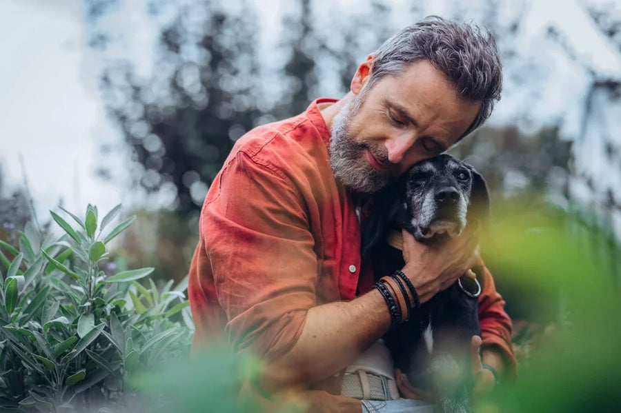 man hugging senior dog