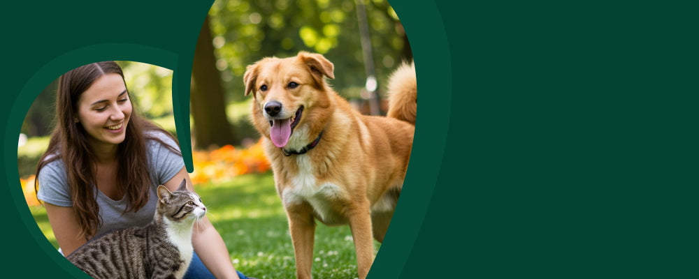 Woman with a cat and a dog in a park setting
