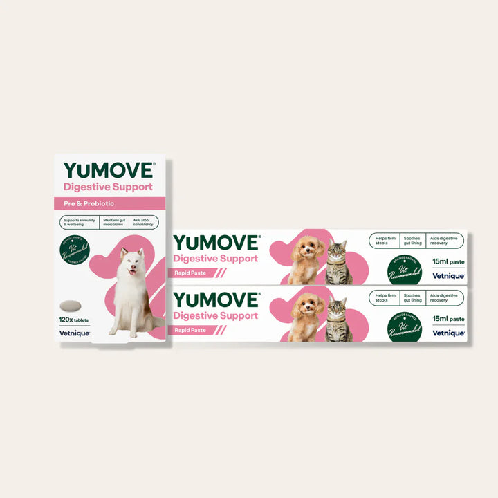 YuMOVE digestive support pre & probiotic product packaging for dogs and cats on a light beige background