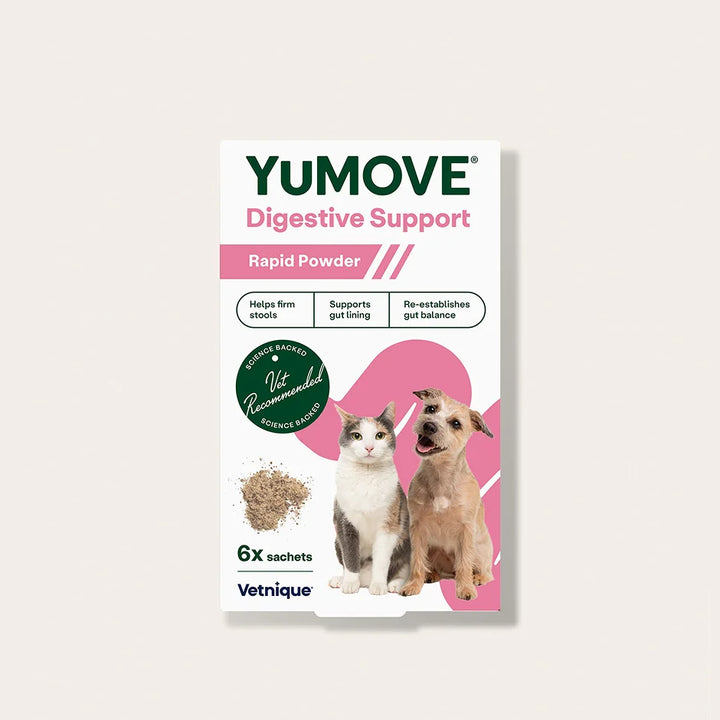 YuMOVE Digestive Support Rapid Powder product packaging for dogs and cats on a light beige background